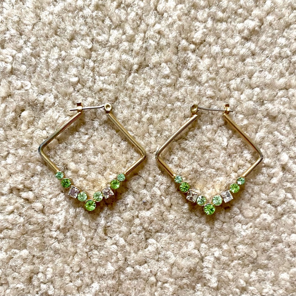 Green & Silver Jeweled Square Gold Hoop Earrings